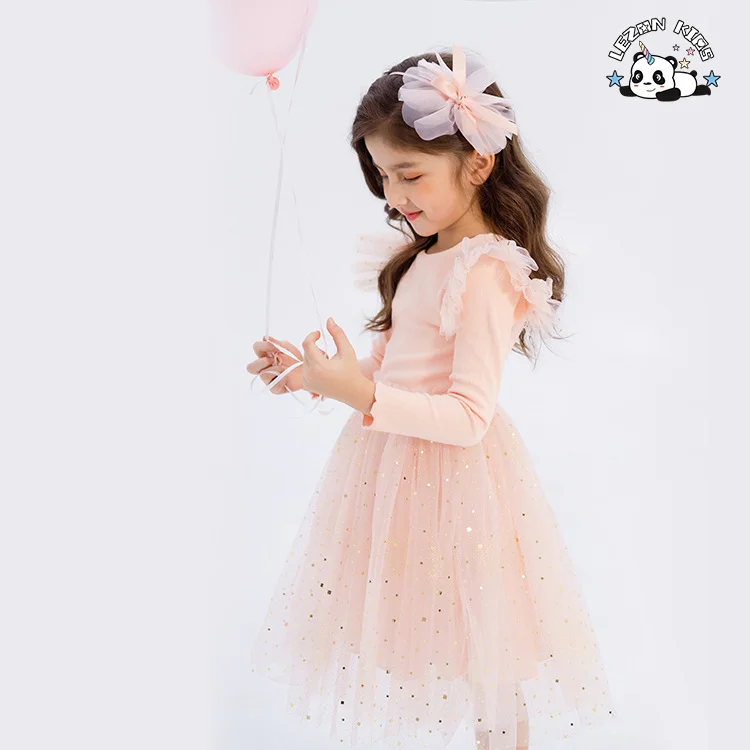 LEZONKIDS - Customizable Chic Ruffle Sleeve Long Sleeves Dress Girls Costume Gold Foil Print Tulle Dress for Girl